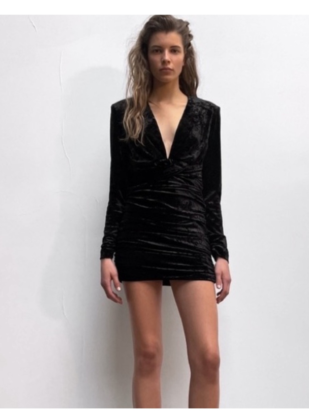 Zara Black Velvet Long-Sleeve Plunge Mini Dress